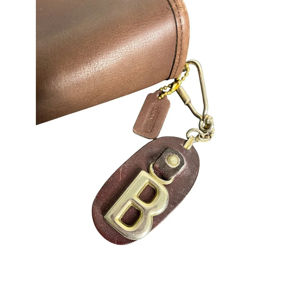 Coach Cosmetic Case OS Brown Leather Vintage Makeup Pouch Mirror Letter B Charm